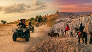 Cappadocia Atv vs Horse Riding side by side — quad bikes on a valley trail and horseback riders among fairy chimneys at sunset