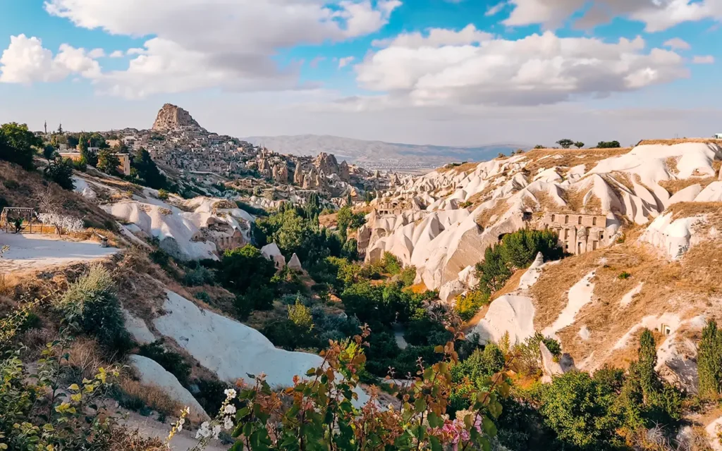 Scenic view of Pigeon Valley with Uçhisar Castle in the background, Cappadocia.