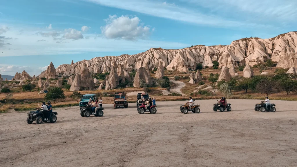 Cappadocia ATV tour group at the entrance to Swords Valley — the starting point of the quad bike valleys route near Göreme