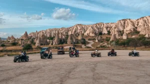 Cappadocia ATV tour group at the entrance to Swords Valley — the starting point of the quad bike valleys route near Göreme