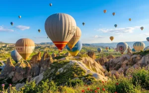Balloons flying over green landscapes in summer, showing seasonal Cappadocia hot air balloon cancellation risks.