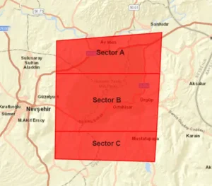 A regional map showing Sector A, B, and C for monitoring the Cappadocia balloon flight status and daily takeoff zones.