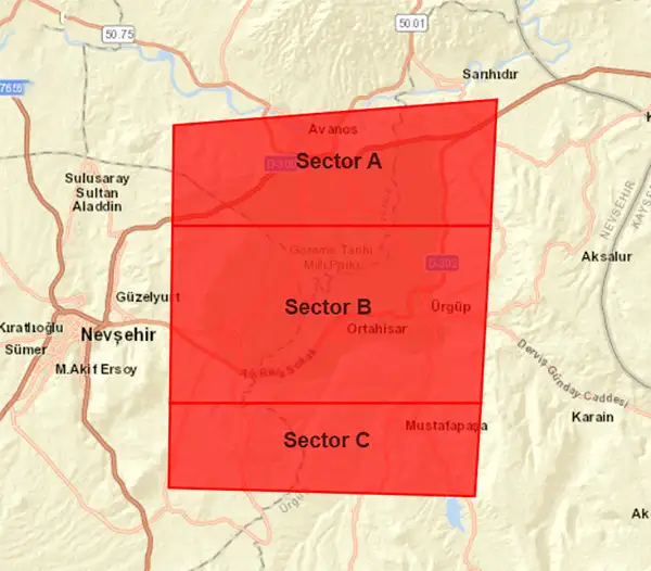 A regional map showing Sector A, B, and C for monitoring the Cappadocia balloon flight status and daily takeoff zones.