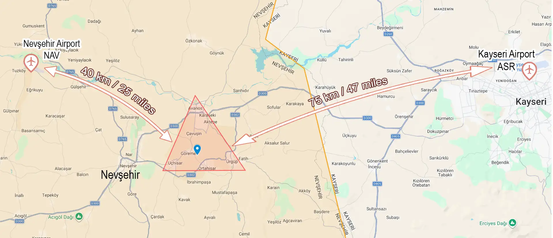 Map of central Cappadocia showing Kayseri Airport 75 km and Nevşehir Airport 40 km from the Göreme triangle formed by Avanos, Uçhisar and Ortahisar