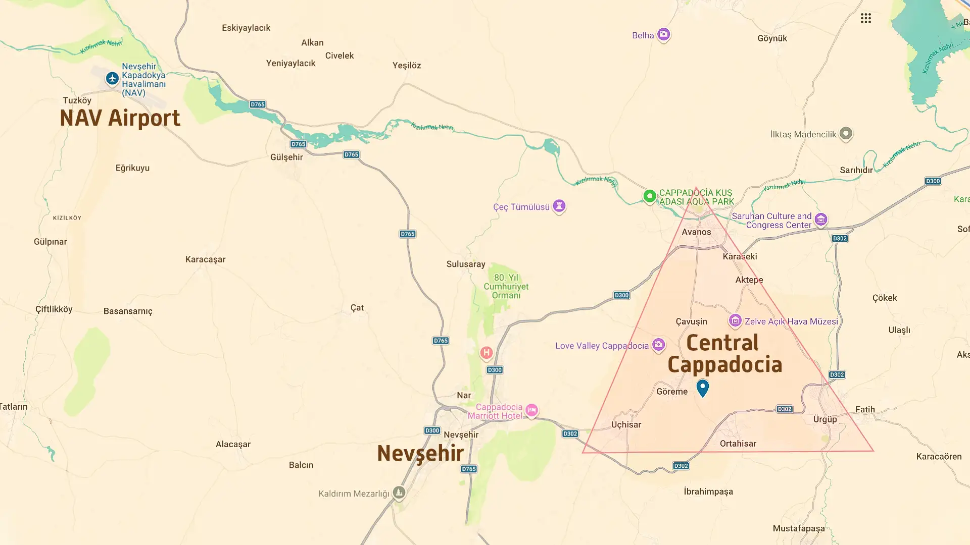 Central Cappadocia triangle map showing Göreme, Çavuşin and Ürgüp — Nevşehir city sits outside this area