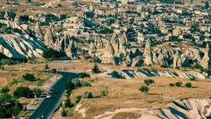 Road leading into Göreme past fairy chimneys in central Cappadocia