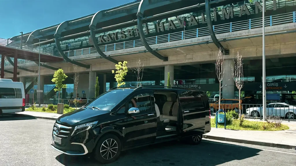 Private transfer from Kayseri Airport to Göreme, Mercedes V-Class waiting at the terminal with door open